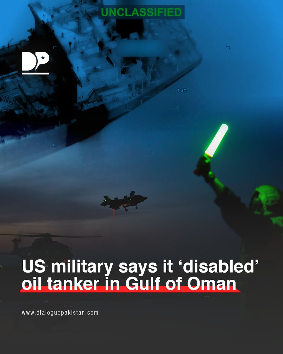 DialoguePak's tweet photo. US Central Command (CENTCOM) Wednesday said it disabled the vessel – identified as the Palau-flagged M/T Settebello – as it was “attempting to transport oil from Iran”.
#DialoguePakistan #USCENTCOM #Disabled #Vessel #Flagged #TransportOil #IranAttack https://t.co/dN3EQO7rV6