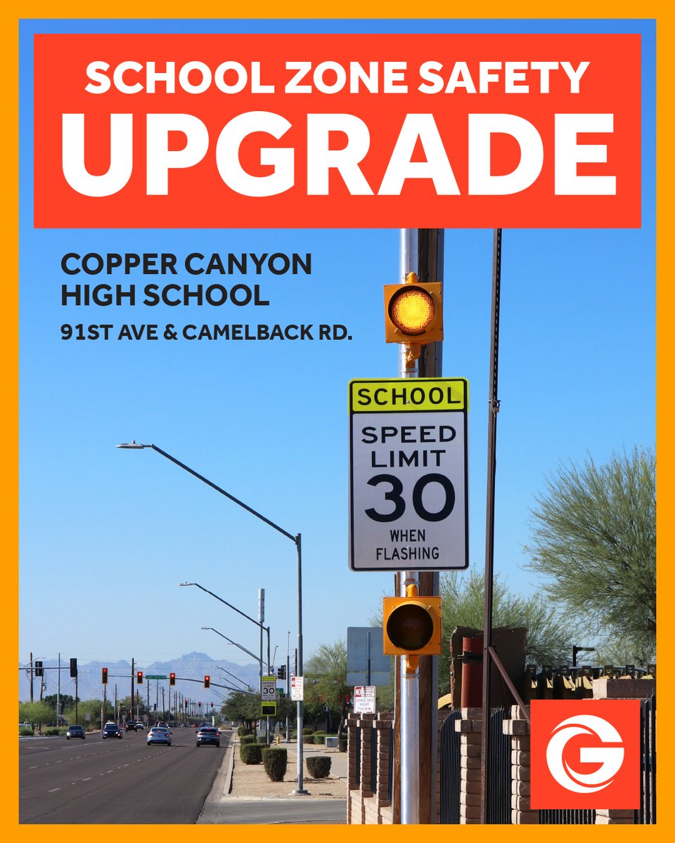 GlendaleAZ's tweet photo. 🚸 Safety improvements are now complete at Copper Canyon High School! New flashing beacons and speed feedback signs have been installed along 91st Ave. and Camelback Rd. to help increase driver awareness and encourage slower speeds in the school zone.

These upgrades are part of Glendale Transportation’s ongoing initiative to enhance school zones along arterial roadways throughout the city, improving safety for students, families, and pedestrians. #GlendaleAZ #TrafficSafety #SchoolZoneSafety #PedestrianSafety