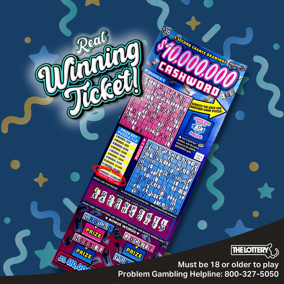 MAStateLottery's tweet photo. Loves Cashword tickets 😍 …splurged on one $10,000,000 Cashword ($30) and hit for $1 MILLION in #Salem

Recent winners > https://t.co/H137zQ7d3M

#MassLottery
#Lottery
#ScratchTickets
#InstantTickets
#Winner
#Cashword
#SecondChance
#Massachusetts https://t.co/l6POkw0Ajh