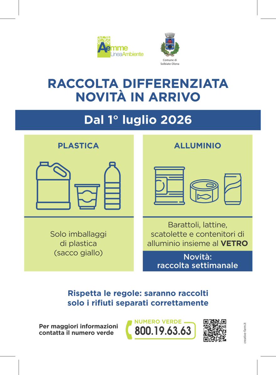 ghlucio's tweet photo. Dal 1° luglio il servizio di igiene urbana (#RaccoltaRifiuti, #spazzamentostradale e gestione del #centrodiraccolta) a #solbiateolona sarà gestito da AEMME Linea Ambiente con l'obiettivo di migliorare la raccolta differenziata con la collaborazione di tutti i cittadini. https://t.co/9CIjr2mU8J