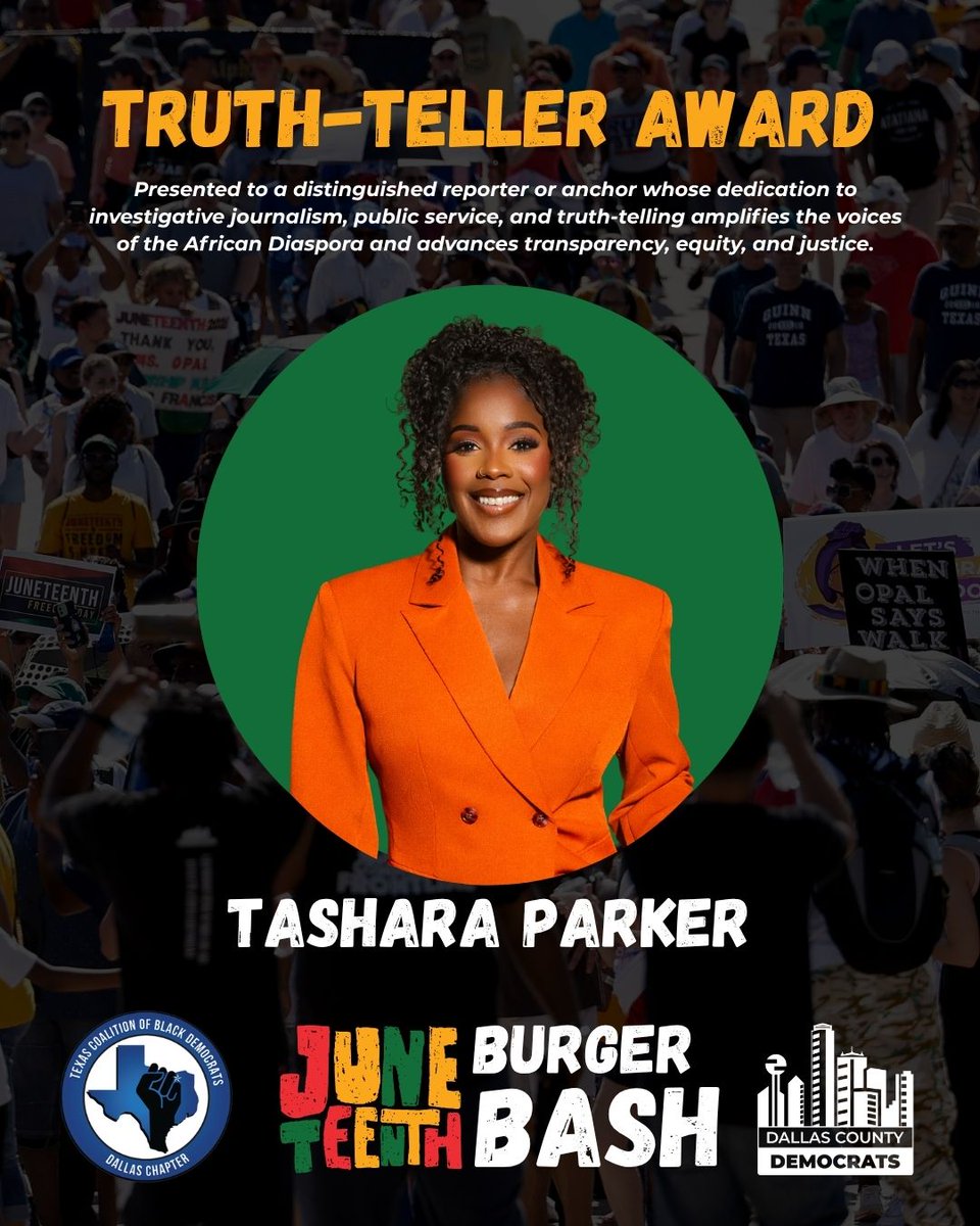 dallasdemocrats's tweet photo. DCDP proudly presents the 2026 Truth-teller award to Tashara Parker for her expertise in investigative journalism and getting to the core of issues affecting North Texans. 

Tashara Parker is a five-time Emmy-winning journalist, dynamic speaker, and a leading voice on authenticity and representation. Through bold storytelling and cultural insight, she challenges audiences to embrace being LOUD — not in volume, but in impact, integrity, and courage.

Join us in honoring her at our Burger Bash celebration. 💙

🎟️ https://t.co/7f5GX48cIA