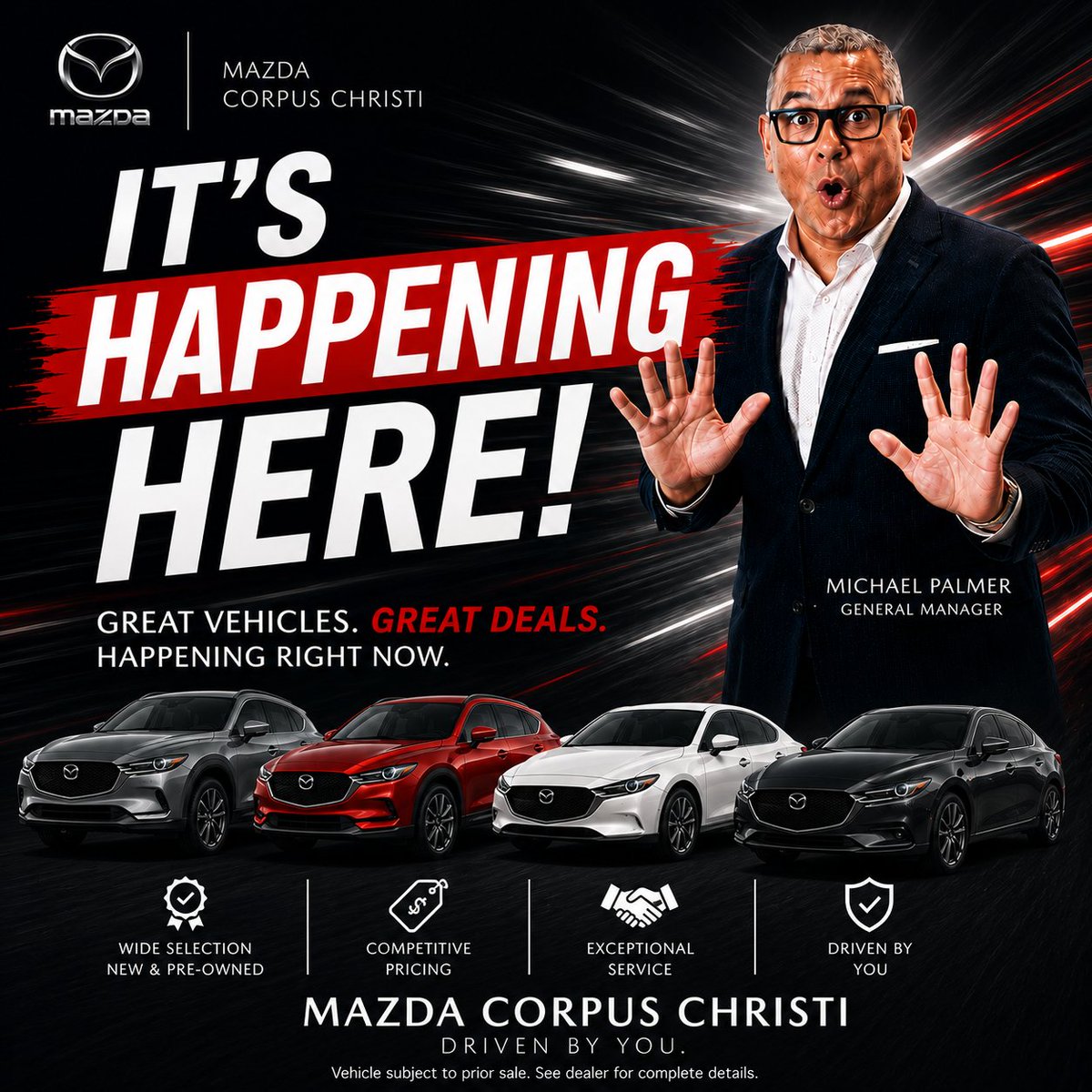 MazdaCC's tweet photo. The deals everyone is talking about? They're happening right here. 👏

Ready to upgrade? We make it easy at Mazda Corpus Christi! 
🚙 Schedule your test drive: https://t.co/CpILkSWns7 
🔄 Value your trade: https://t.co/KJQZXjY8qp 
💳 Get pre-approved: https://t.co/UFILGsQjGT https://t.co/GcBbHYl1Ow