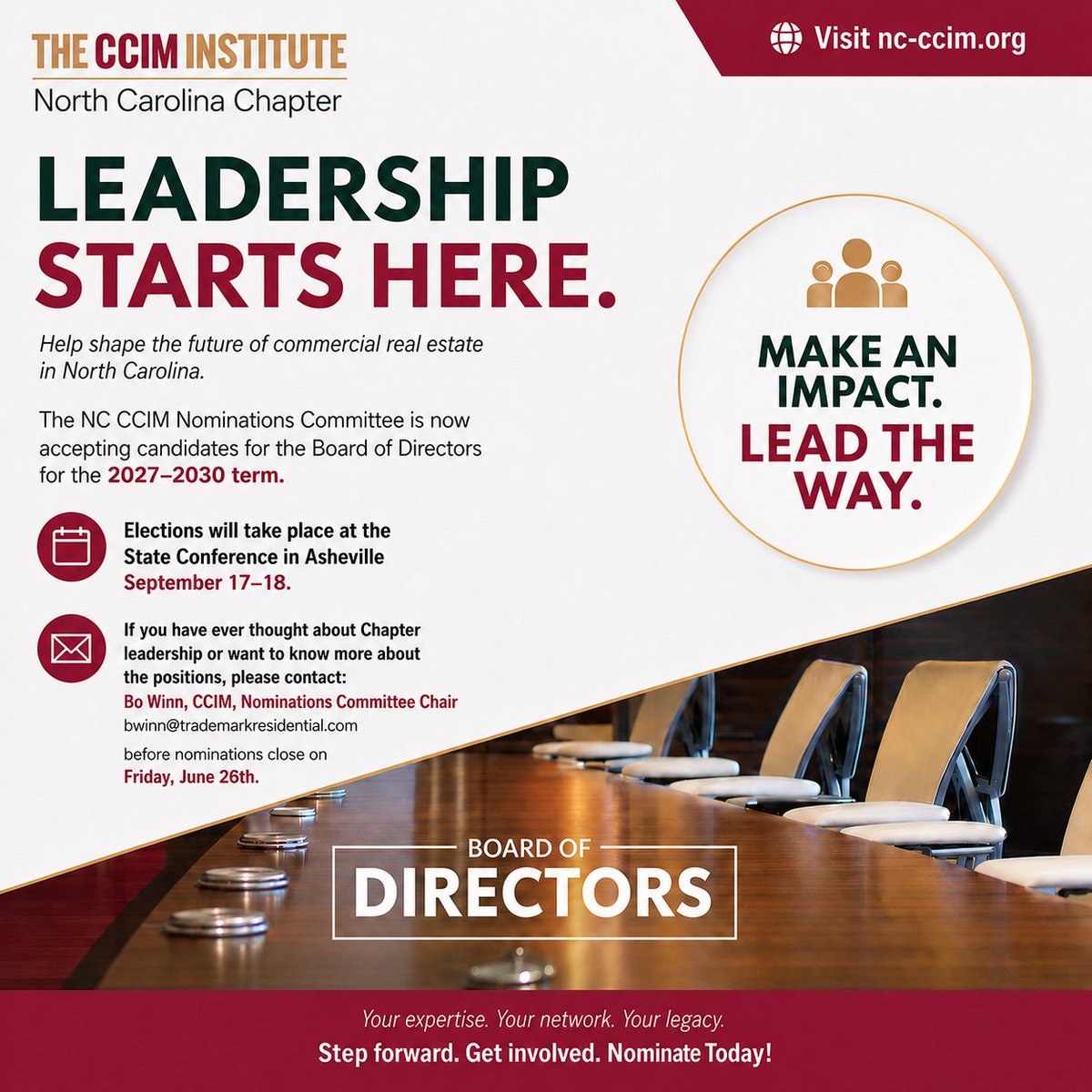 nc_ccim's tweet photo. Your voice matters. Your leadership matters.
#NCCCIM is accepting nominations for the Board of Directors. Help shape the future of the most recognized global brand in #commercialrealestate across North Carolina.

Nominate today! https://t.co/XyEac6UNWU #CCIM #CRELeadership #NCCRE https://t.co/jjyc1QfFnj