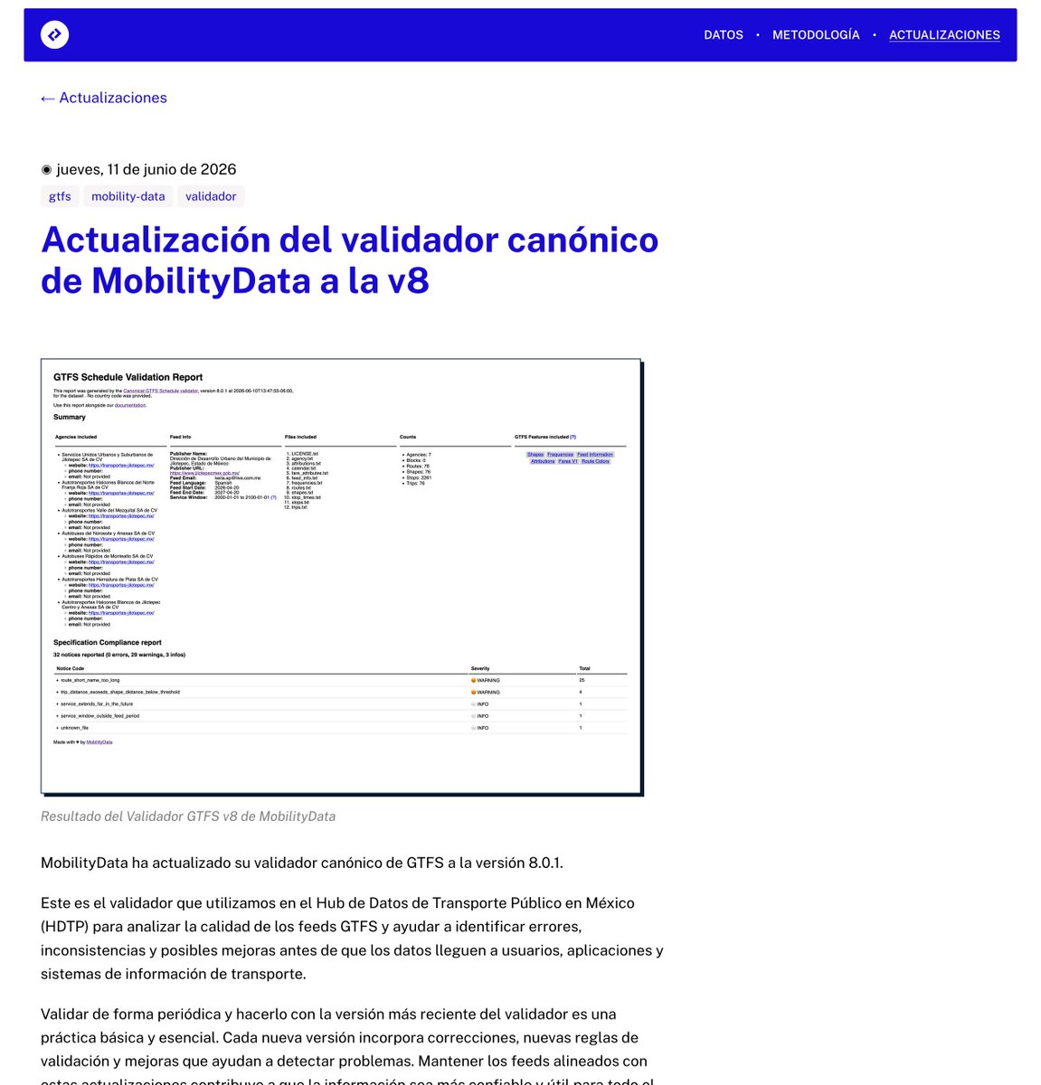 CodeandoMexico's tweet photo. @MobilityDataIO actualizó su validador canónico de GTFS a la versión 8.0.1. Ya actualizamos HDTP para utilizar la versión más reciente del validador y seguir ayudando a mejorar la calidad de los datos de transporte. https://t.co/J9PP97oYiE