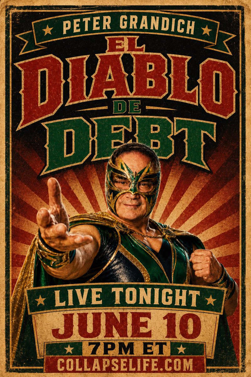 collapse_life's tweet photo. Mild-mannered market watcher by day.

El Diablo de Debt by night.

Join @PeterGrandich tonight. 7pm ET. 

https://t.co/wfugQYRgSw to become a paid subscriber. https://t.co/QjX8oWzHu5