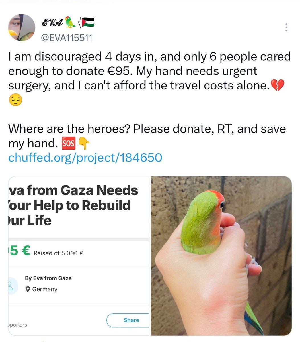 LegalishCA's tweet photo. Eva is my friend. She asked for help getting urgent surgery. This Israeli woman saw a Palestinian woman in Gaza in pain and replied: “I’ll donate if she doesn’t come back.”

An Israeli living under a state built on Palestinian dispossession saw a woman from Gaza in pain and made exile the price of compassion.

That is the cruelty of Zionism in one sentence. 

Please donate or share if you can: https://t.co/cmDECaidGw