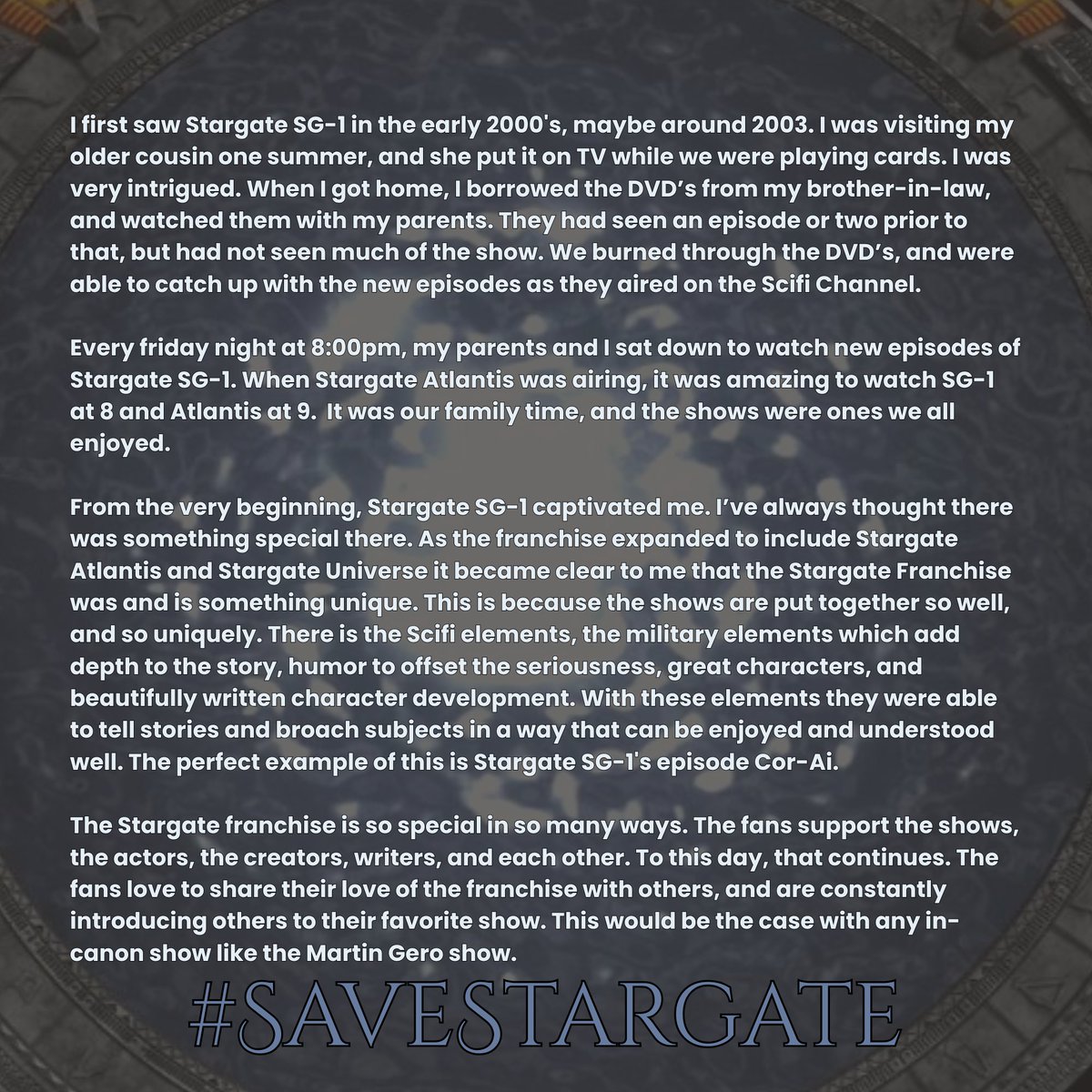 Jess_L_Lambert's tweet photo. A glimpse into how Stargate has impacted me, and my story. 
@AmazonMGMStudio @PrimeVideo  #SaveStargate https://t.co/XuRNJD1vOo