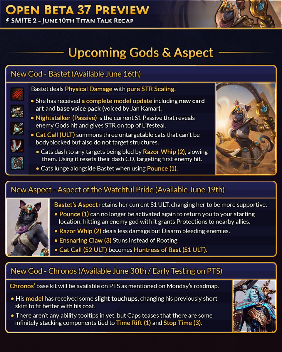 BluesUltra's tweet photo. Here's the recap of all the content coming its way when Bastet launches in SMITE 2 next Tuesday along with new Travelers and a balance pass tackling several Items! https://t.co/LqV0crXLQb