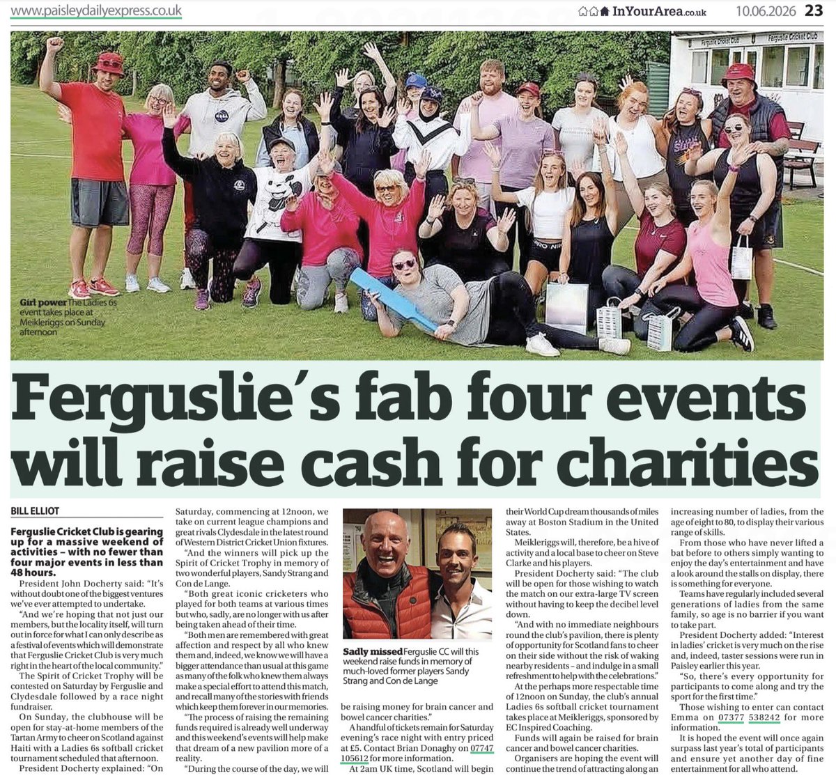 ScottyCricket's tweet photo. #BigWeekend coming up at @FerguslieCC with #SpiritofCricket trophy in match v @DaleCricket in memory of @CondeLange and #SandyStrang two greats who played with distinction for both sides and charity will benefit + Ladies6s Softball sponsored by #ECInspiredCoaching https://t.co/xKB1irocao