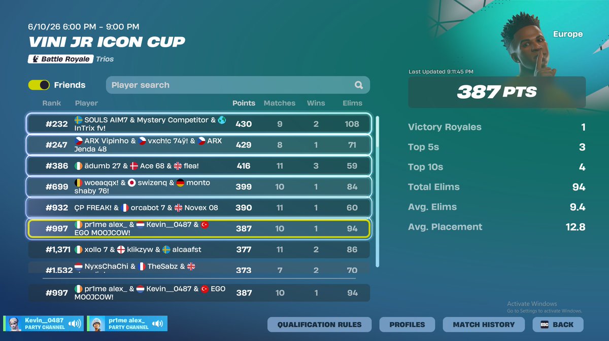 MOOJcsxd's tweet photo. 1 hour late start didnt get skin unfortunately 94 elims w./ @jaajahshsjsj, kevin @egoesports26 @PaddyVfs https://t.co/hRzkHHxsD4