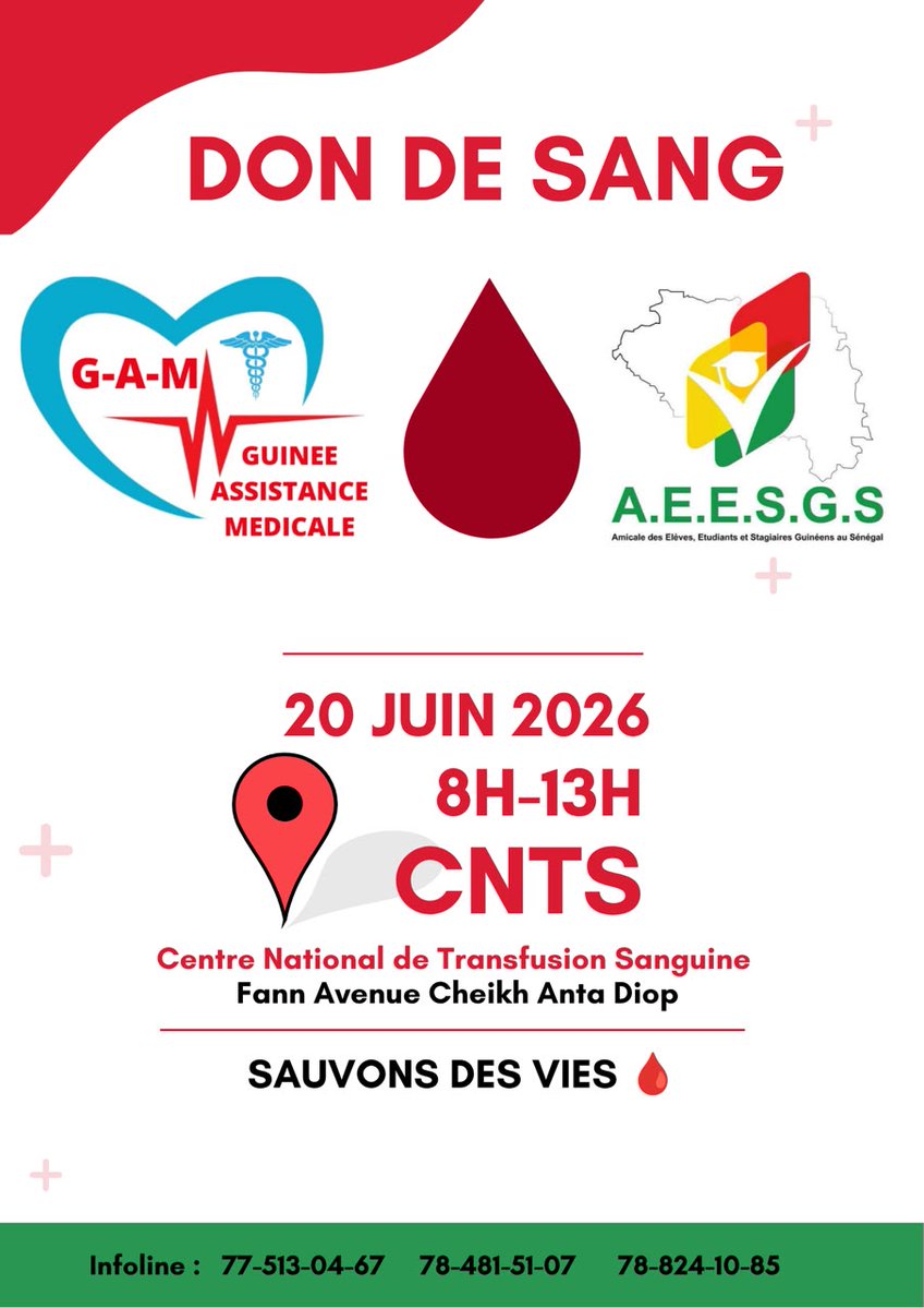 ESenega's tweet photo. 🩸𝐀𝐏𝐏𝐄𝐋 𝐀𝐔 𝐃𝐎𝐍 𝐃𝐄 𝐒𝐀𝐍𝐆

𝐋’𝐀𝐄𝐄𝐒𝐆𝐒, en collaboration avec la  𝐆𝐀𝐌 (Guinée Assistance Médicale), organise un don de sang le 20 Juin 2026, de 08h à 13h au CNTS Fann, Dakar.
📌𝐋𝐢𝐞𝐧 𝐝’𝐢𝐧𝐬𝐜𝐫𝐢𝐩𝐭𝐢𝐨𝐧𝐬 :
https://t.co/VvFJWf1meg⁠� ::: https://t.co/ifNJLRHviy