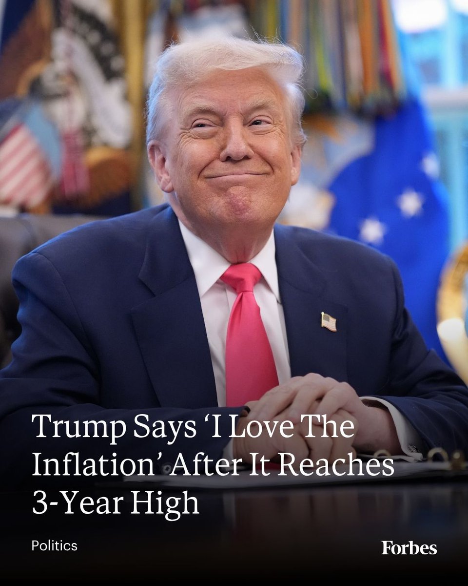 Forbes's tweet photo. President Donald Trump said “I love inflation” after it rose to a three-year high earlier Wednesday amid the Iran war and surging gas prices.
Read more: https://t.co/oauODaIy6I
Photo: Andrew Harnik via Getty Images https://t.co/SGxz6sduHQ