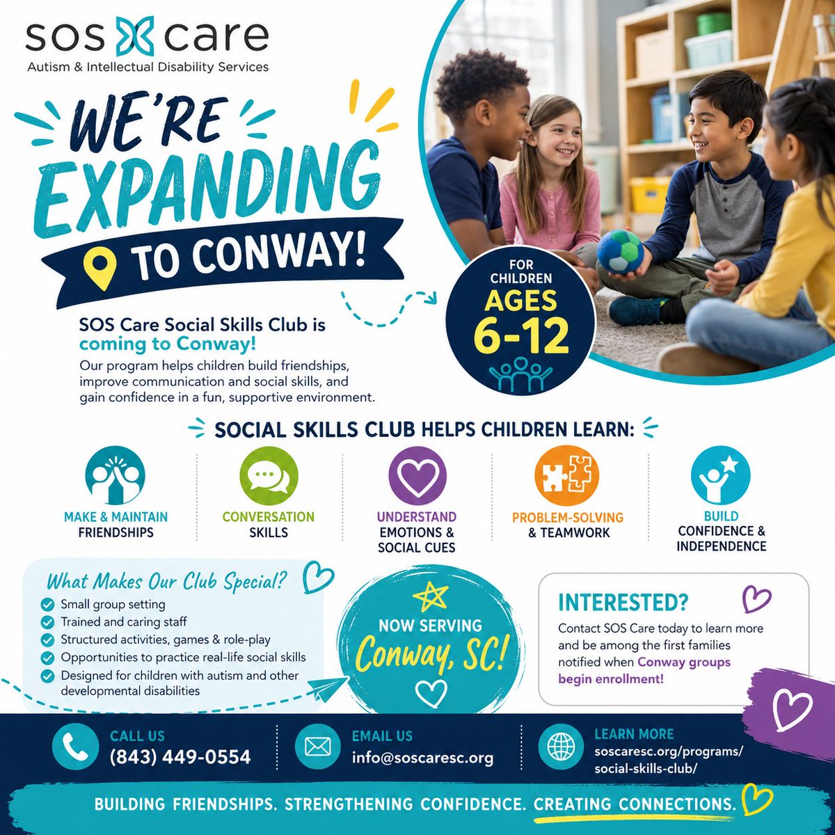 Hope4SOS's tweet photo. 💙 We’re Expanding to Conway! 

SOS Care’s Social Skills Club is coming to Conway, SC!

Interested in enrolling? 

Contact us to learn more or visit our website at: https://t.co/7A5N94kbhO https://t.co/eQX8n2wf4I