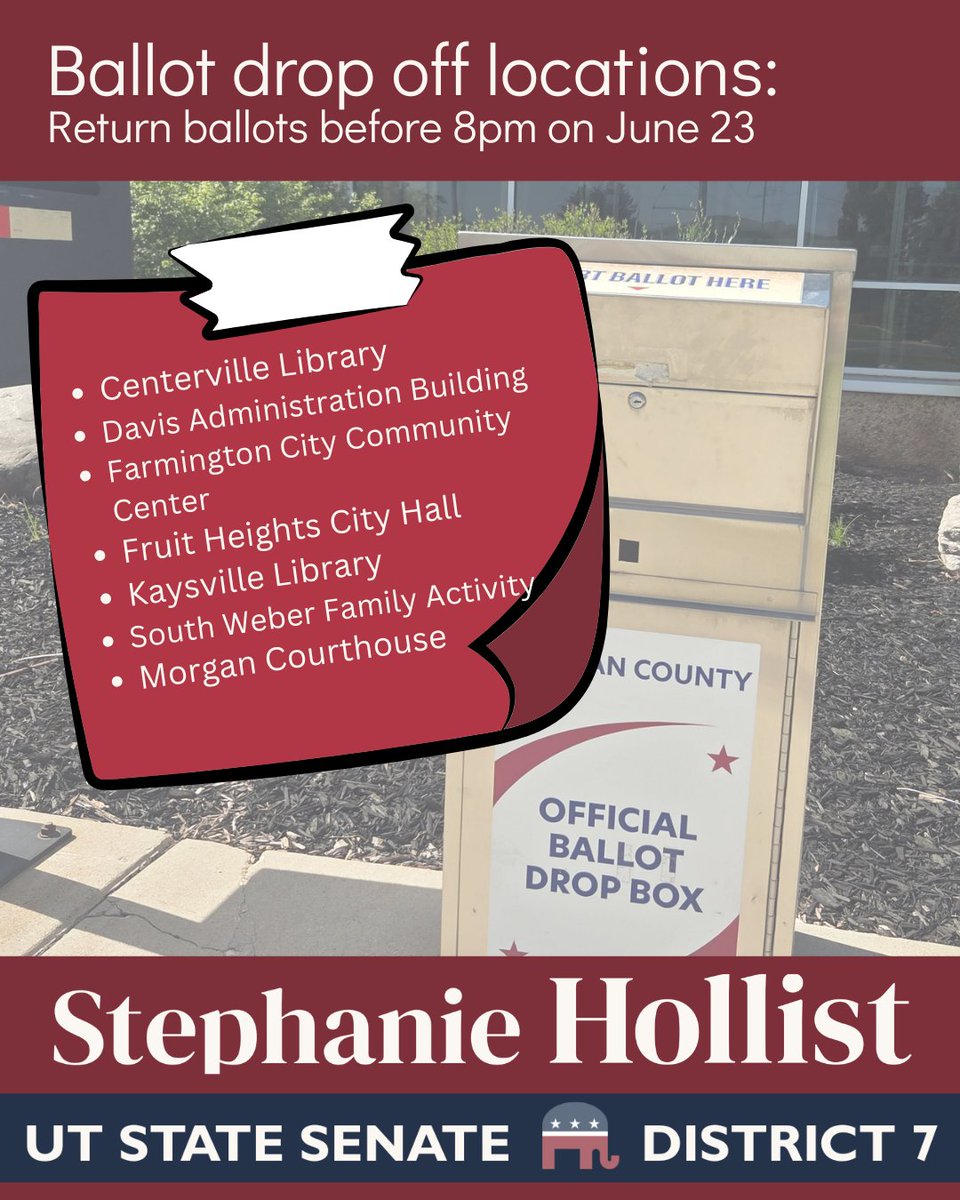 StephanieForUT's tweet photo. Primary elections often have very low turnout, which means every single vote carries real weight. Return your ballot today or make a plan to vote on Election Day, June 23. It is time to show Utah that we are tired of career politicians and we are ready for change! https://t.co/WRWIdRKXza