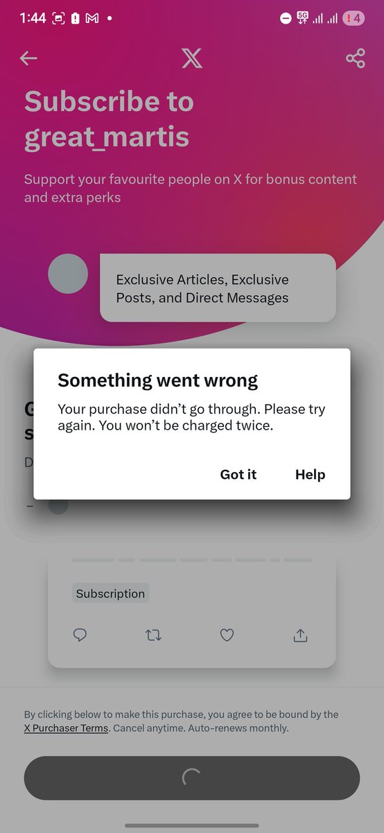 mvgowda's tweet photo. @great_martis I did paid for subscription but now its showing this error , still unable to see subscribe posts martis please help me on this https://t.co/MdD8PDx7bk