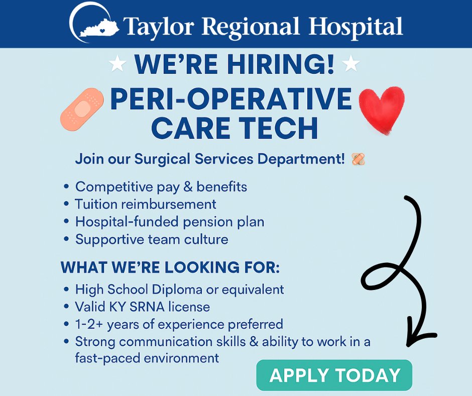 TRHosp's tweet photo. 💙 We're Hiring! 💙

🩹 Peri-Operative Care Technician
📍 Surgical Services | Full-Time

✅ Competitive Pay &amp; Benefits
✅ Tuition Reimbursement
✅ Pension Plan
✅ Supportive Team Culture

Apply today: https://t.co/JwaiHUj8pj https://t.co/Pb6fNNDXXm