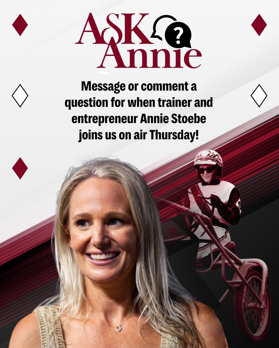 TheMeadowlands's tweet photo. 🎙️ Got a question for Annie Stoebe?
This Thursday, trainer, entrepreneur, and horse racing professional Annie Stoebe joins us live! Drop your questions in the comments and be part of the conversation. 👇
#AskAnnie #LiveInterview #HorseRacing #Entrepreneurship #TrainerLife https://t.co/RVvp8Wp5yU