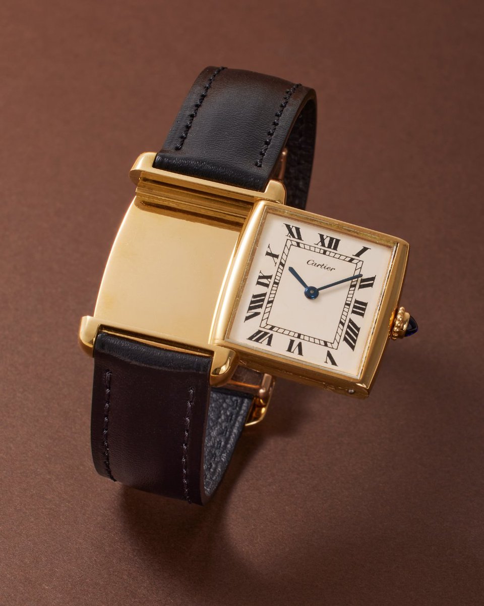 Sothebys's tweet photo. Now on view at #SothebysNewYork, the third tranche of The Shapes of Cartier collection showcases a selection of rare and characterful designs set to go under the hammer on 15 June. 

Led by an exceptionally rare London-made Maxi Ronde, this quartet celebrates Cartier’s enduring exploration of form. Highlights include the architectural lines of the Tank Reversible, the bold geometry of an Audemars Piguet-produced Carré retailed by Cartier New York, and the understated elegance of the London Ceinture.

Bid now >> https://t.co/qdZV6HIbmG