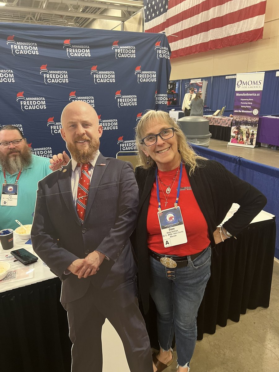 PaulTuschy's tweet photo. Patriot @dianewebbskillings - 2024 House candidate, constituent of @Nate4Senate &amp; my friend - visited our @FreedomCaucusMN booth at the 2026 @mngop Convention to grab a photo with @DrewRoachMN. It was great to see you, Diane! https://t.co/JtqDpmh5rr