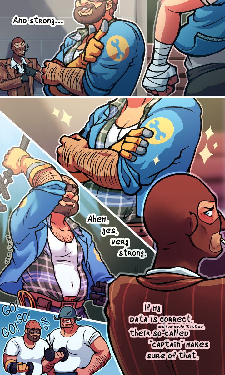 Miauta_Mi's tweet photo. 1/2
haha frenchman caught feelings for a cowboy and now tries to cope by pretending to be rational and calculating
(aka loose sequel to that one comics where these two hate on RED Engie)
#tf2 #tf2spy #tf2engineer #tf2scout #tf2heavy #engiespy #napoleoncomplex #practicalespionage https://t.co/Nf6CEel6Vh
