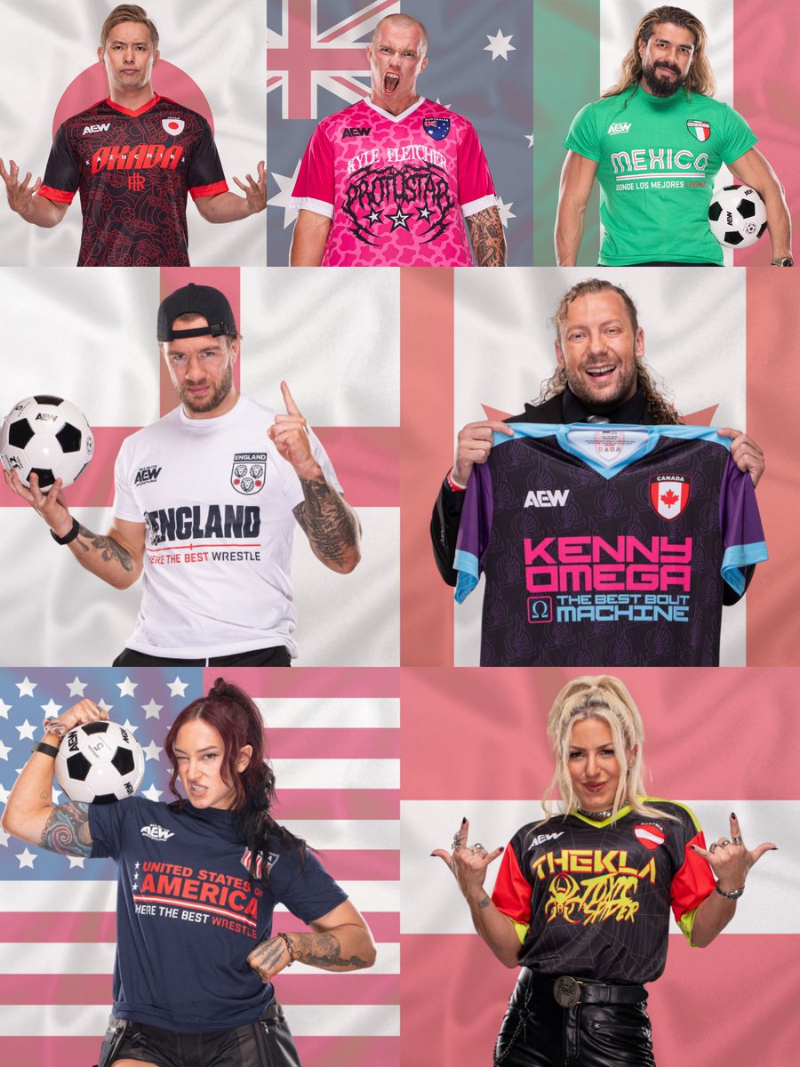 TheDrainmaker's tweet photo. AEW has released several Football jerseys before the 2026 FIFA World Cup ⚽

Kyle Fletcher: Australia 🇦🇺
Kazuchika Okada: Japan 🇯🇵
Andrade El Idolo: Mexico 🇲🇽
Will Ospreay: England 🏴󠁧󠁢󠁥󠁮󠁧󠁿
Kenny Omega: Canada 🇨🇦
Kris Statlander: USA 🇺🇲
Thekla: Austria 🇦🇹 https://t.co/88KlyO6nyZ