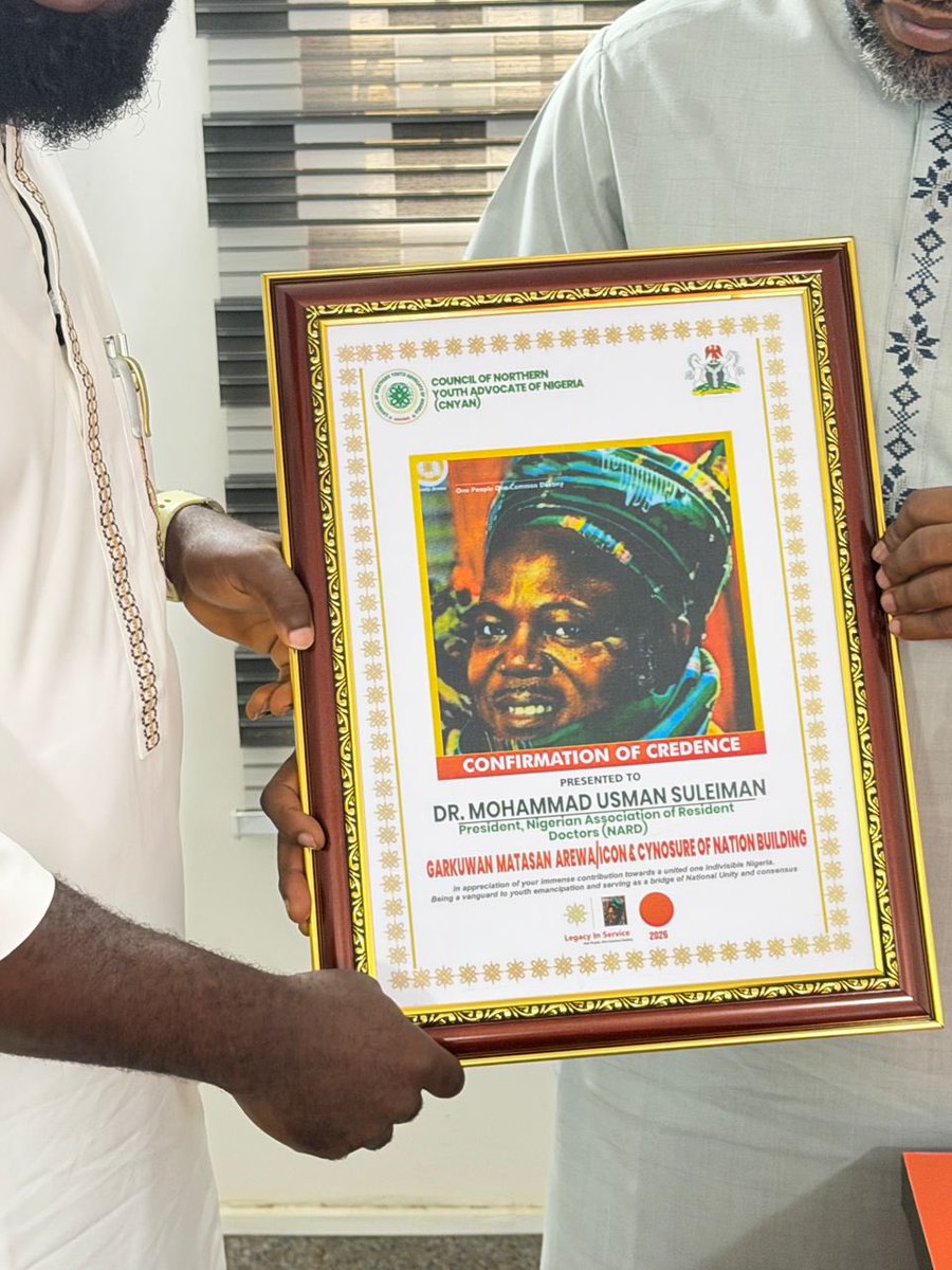 mohagirei's tweet photo. P-MUS BAGS PRESTIGIOUS NORTHERN YOUTH HONOR

The entire NOC, E-NOC, NEC Members, the Crown Prince of NARD, and all NARDITES heartily congratulate our indefatigable President, Dr. Mohammad Usman Suleiman, on his conferment and confirmation of credence as Garkuwan Matasan Arewa/ICON & CYNOSURE of Nation Building by the Council of Northern Youth Advocates of Nigeria (CNYN).

The confirmation delegation was led by Hon. Sani Abdulrazaq, National President of CNYN, alongside Amb. Sani Fidelis, National Secretary; Amb. Umar Fauk, Vice President; and Amb. Shaibu Abdulrashed, Director of Actions and Mobilization, who formally presented the honour in recognition of P-MUS' outstanding leadership, service, and contributions to nation-building.

This prestigious recognition comes as no surprise, as it reflects his unwavering commitment, exemplary leadership, and relentless advocacy for the welfare of doctors and the advancement of healthcare in Nigeria. Through his dedication, vision, and service, P-MUS has continued to inspire confidence and hope among colleagues and the wider society.

This honour is particularly significant as he continues to emulate the ideals of the Late Sir Ahmadu Bello, Former Premier of Northern Nigeria, who was renowned for his integrity, selfless leadership, and unwavering commitment to the welfare of his people. In the same spirit, P-MUS has remained steadfast in championing the welfare of resident doctors, providing purposeful and principled leadership, and advancing the collective interests of the Association.

We pray that Almighty Allah blesses this noble title, grants him greater wisdom, strength, and guidance, and makes this recognition a source of immense benefit to humanity, the medical profession, and the nation at large.

Congratulations Oga P-MUS!

The journey of impactful leadership continues.

Dr. Abdulmajid Yahya Ibrahim
NARD PSS
10:06:26