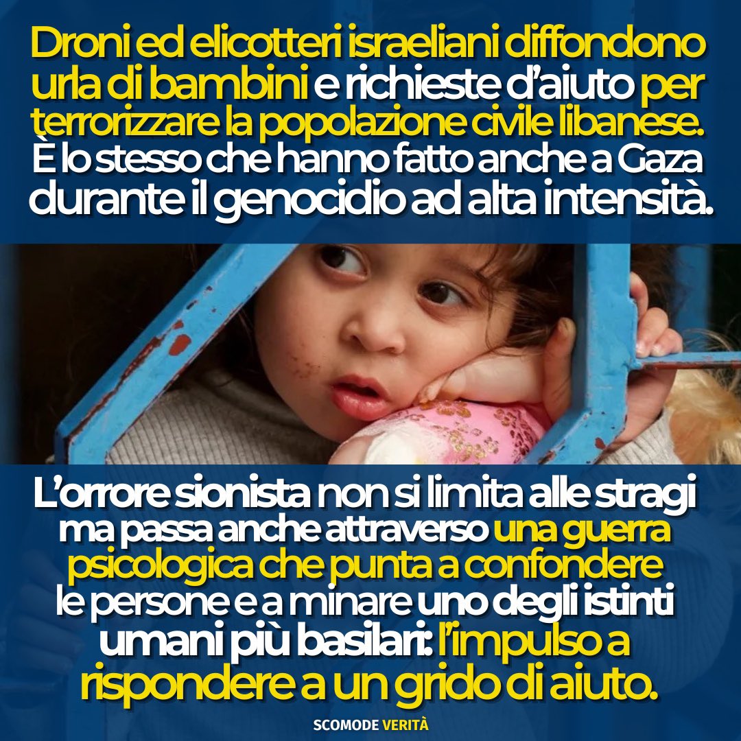 ale_dibattista's tweet photo. I terroristi israeliani usano suoni, voci di bambini che piangono e che urlano per incutere timore e angoscia ai civili libanesi. Leggete qui 👉 https://t.co/iElSWRCJrM e iscrivetevi al mio canale Substack https://t.co/pvfzx9s0Tj