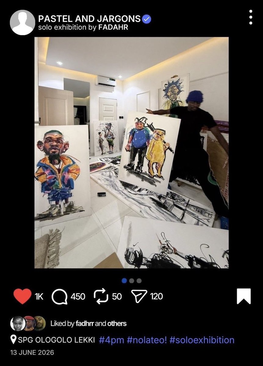 NoteSphere's tweet photo. Pastel and Jargons (2026)

A debut solo exhibition by @pdstrn2 

🗓️: 13/6/26  | 📍: SPG, Lagos. https://t.co/2TTClAuPOJ