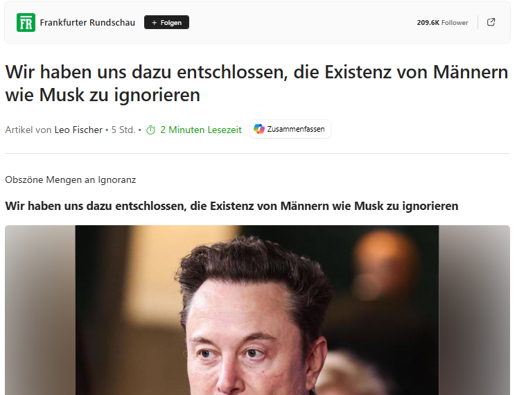 RoHeAss's tweet photo. @fr Dies setzt dem Ganzen die Krone auf. Die FR redet im Zusammenhang mit @elonmusk von "obszöben Mengen von Ignoranz". Ob sich die FR-Readktion dabei zuvor an die eigene Nase gefasst hat? https://t.co/DzmG33HyBt