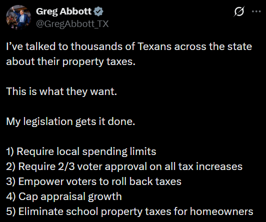 LibertyCappy's tweet photo. I welcome all progressive improvement in the direction of Abolishing Property Taxes

Greg Abbott is trying to get some pretty good legislation passed

As a Texan I can tell you I am SICK of paying insane property taxes

LETS GET THIS PASSED! https://t.co/aC9aGl4Vuz