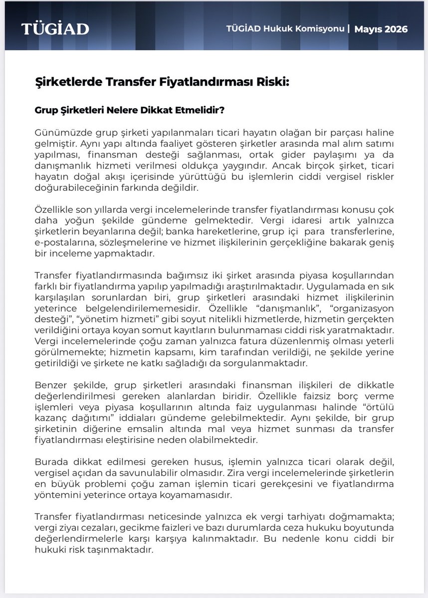 avdrmseyhan's tweet photo. TÜGİAD Hukuk Köşesi’nde, şirketlerin sıklıkla karşılaştığı ancak çoğu zaman yeterince önemsenmeyen transfer fiyatlandırması risklerini ele aldım. https://t.co/Ndi9rPDM5c
