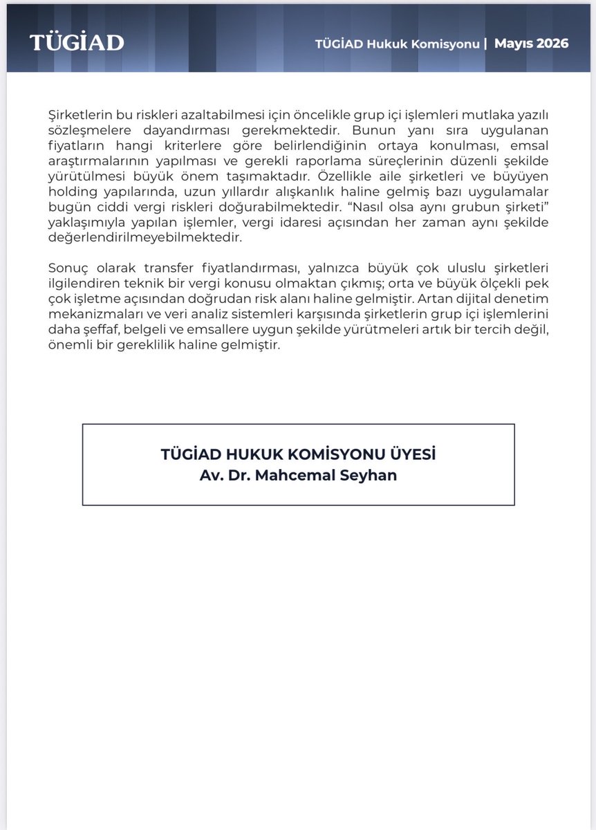 avdrmseyhan's tweet photo. TÜGİAD Hukuk Köşesi’nde, şirketlerin sıklıkla karşılaştığı ancak çoğu zaman yeterince önemsenmeyen transfer fiyatlandırması risklerini ele aldım. https://t.co/Ndi9rPDM5c
