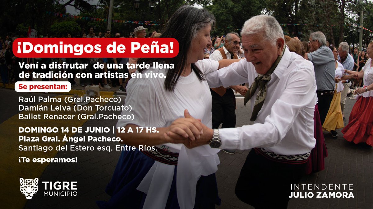MunicipioTigre's tweet photo. 🎶 ¡Domingos de Peña en Tigre!
Vení a compartir una tarde llena de tradición, música y danza junto a artistas en vivo💃

📅 Domingo 14 de junio | De 12 a 17hs.
📍 Plaza Gral. Ángel Pacheco

#TigreEsMiVida https://t.co/Yv1VT0j1eq