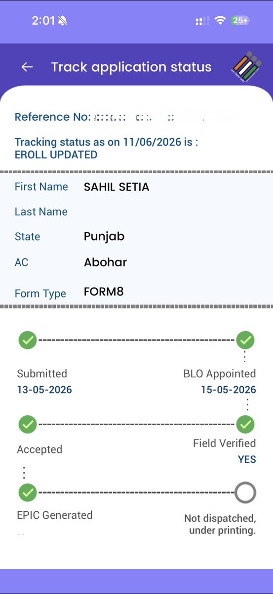 sahilsetia21's tweet photo. Dear @ECISVEEP @TheCEOPunjab ,

Address updated on 20 May 2026; physical EPIC still pending. EC promised delivery within 15 days of electoral roll updates . Kindly look into the delay. 

#EPIC #VoterID #EPIC https://t.co/nbIXBNIKIC