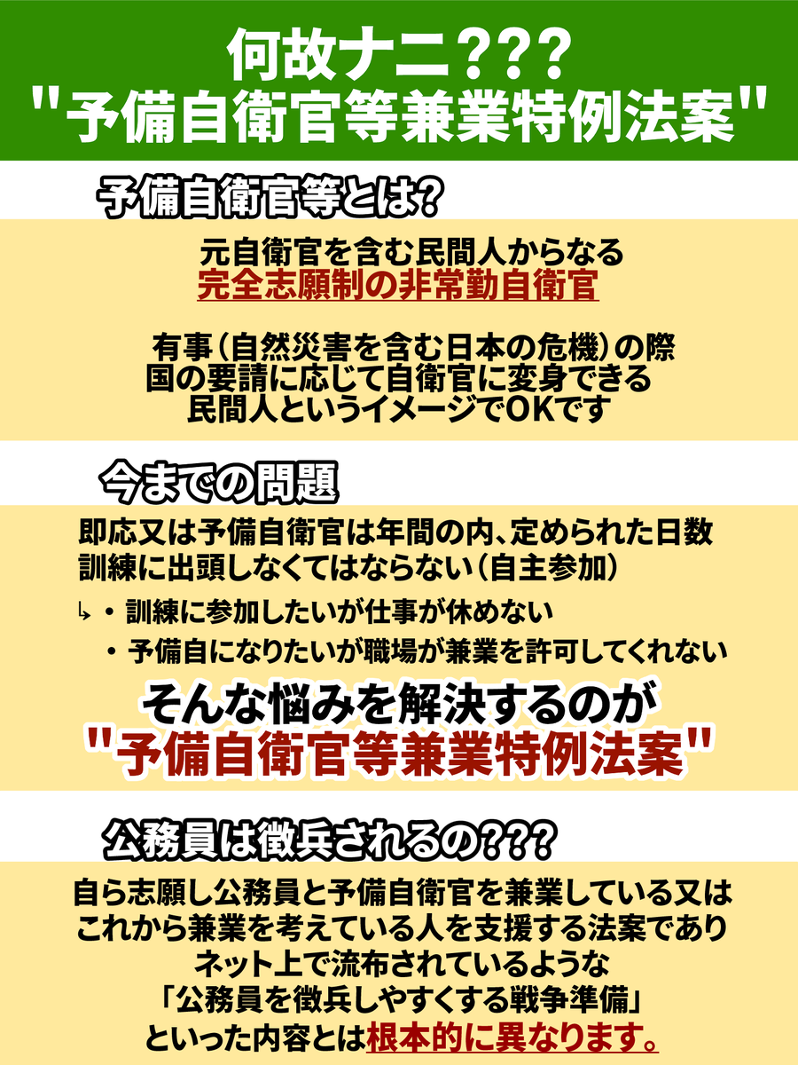teppachi_cat's tweet photo. 普段こういった投稿はしないのですが予備自衛官について根拠の無い憶測で不安を煽る投稿が目立つので、あまり自衛隊に深くない方向けに当該案の要点や不信に思われてそうな点を超ザックリまとめてみました🖋️

結論から言うと
『公務員は徴兵されません』

#予備自衛官等兼業特例法 #予備自衛官 #自衛隊 https://t.co/MNcD2rDdM9
