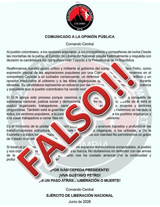 juliomario55555's tweet photo. FALSO!! Atención!! En estos momentos está circulando un comunicado de un supuesto apoyo del ELN a la campaña de Cepeda, es FALSO, campaña sucia elaborada por las bodegas uribistas del defensor de la mafia... https://t.co/fe9zXqfvPa