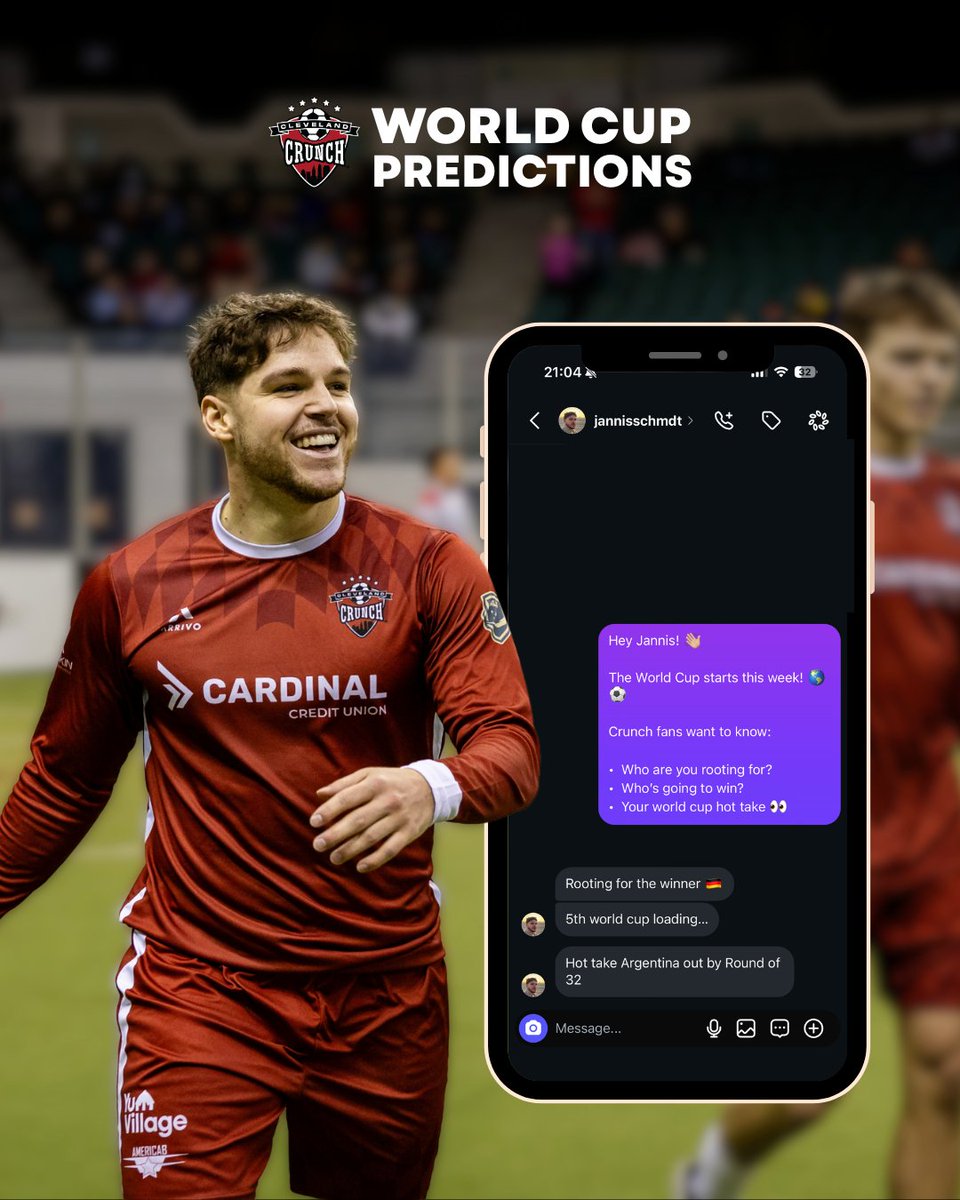 clecrunch's tweet photo. The FIFA World Cup kicks off this week! 🇺🇸🇨🇦🇲🇽

We asked some of our guys who they're rooting for, who they think will win and their hot takes for the tournament 👀

Drop your teams and hot takes in the comments ⚽️

Don't forget to join us and Liberty Home Mortgage tomorrow (6/11) at 2:30pm at Lost Nation Sports Park for a World Cup watch party! Don't miss player appearances, Crunch merch, and a chance to win season tickets.