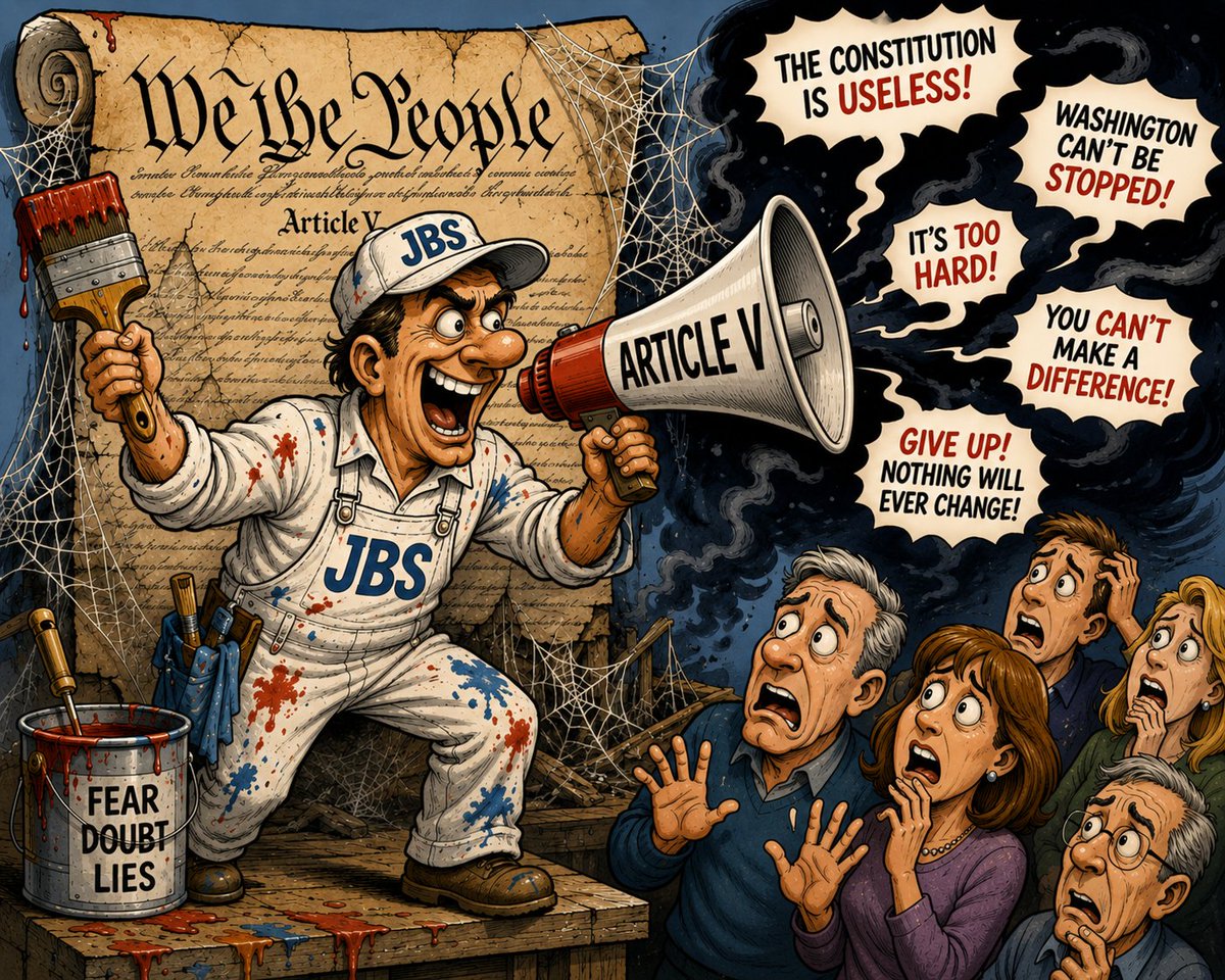 COSProject's tweet photo. JBS says they’re defending the Constitution.
So why are they attacking one of the Constitution’s own solutions?
Article V isn’t a threat to America.
It’s a threat to Washington’s monopoly on power.
The Founders gave the states a remedy for federal overreach. JBS wants you too afraid to use it.
Read the Constitution. Learn the facts. Sign the petition: https://t.co/or7jFLfMR6

#ArticleV #conventionofstates #texasGOP2026 #TXLeg #Wyoming #Montana #Oregon #Idaho #Iowa #Colorado #Michigan #Ohio #SouthCarolina #Oklahoma #Nevada #Arizona #California #johnbirchsociety #Texas
