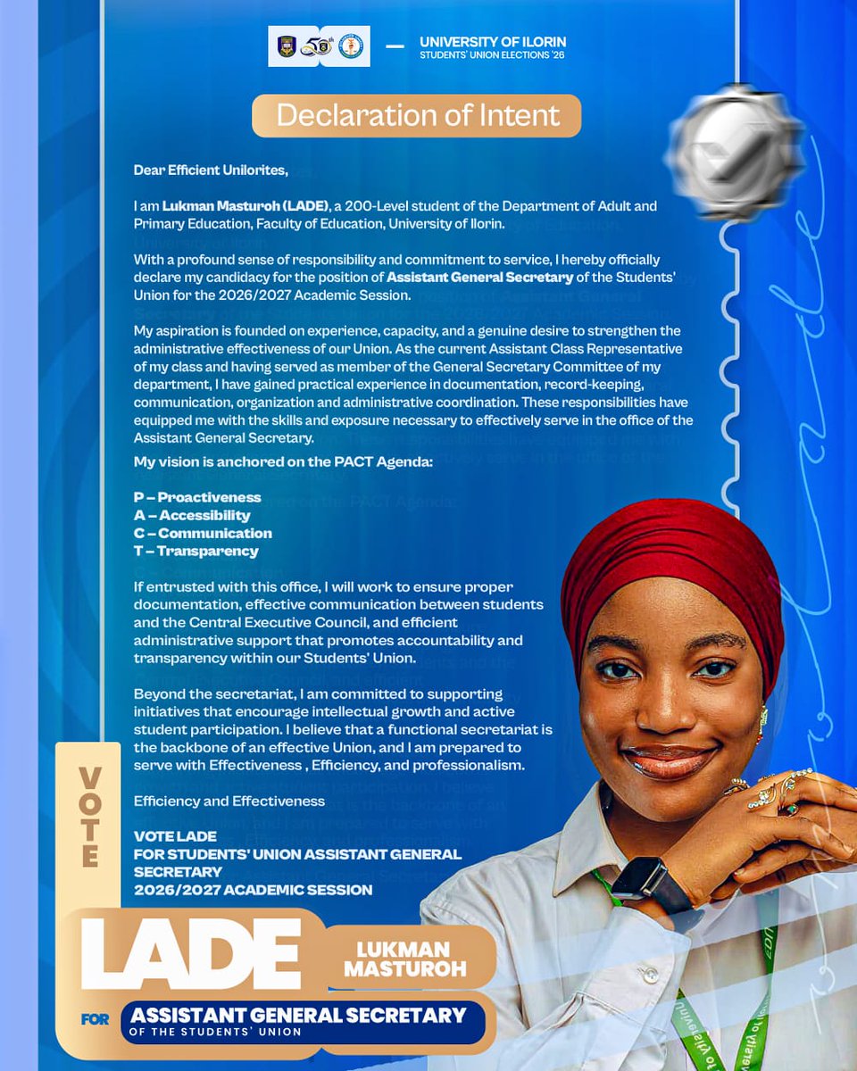 lukmanmasturoh's tweet photo. OmoLADE Ti De — Powering Efficiency!🔥

I believe that a foundational secretariat is the backbone of an effective Union, and I am prepared to serve with Effectiveness, efficiency and professionalism.

🫆 VOTE LADE FOR @UilStudentUnion AGS 
2026/2027 Academic Session https://t.co/HisJMr6rwo
