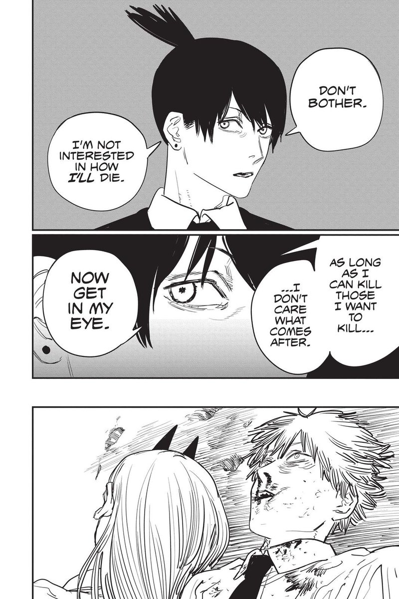 plutoxcsm's tweet photo. as a follow up, i never noticed this before but after he says this, we get this badass spiel about how he doesnt care as long as he kills gun devil. but that panel at the bottom of power and denji follows right after, almost feels like foreshadowing on what ultimately changes him https://t.co/ZwNQnfJZc7