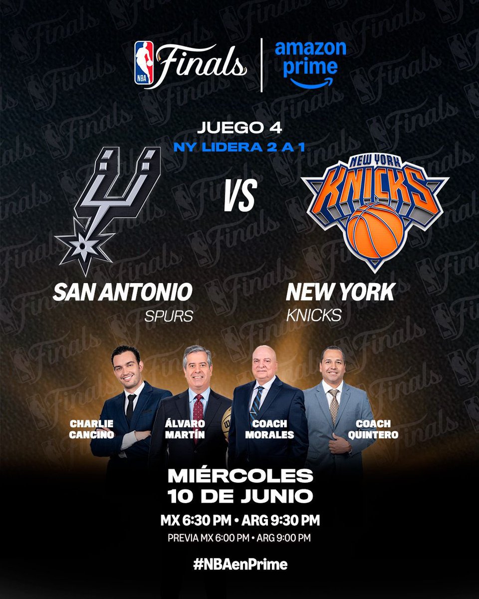 CoachCMorales's tweet photo. Con la victoria de SA en el juego #3, la serie se pone más interesante. Hoy trabajamos en el 4to partido para toda Latinoamérica por las pantallas de Amazon Prime. Les esperamos. @primevideolat  @primevideosportmx @nbalatam @nbamex #NBAenPrime #NBAFINALS #NYKvsSAS https://t.co/gFHdSzjiVL