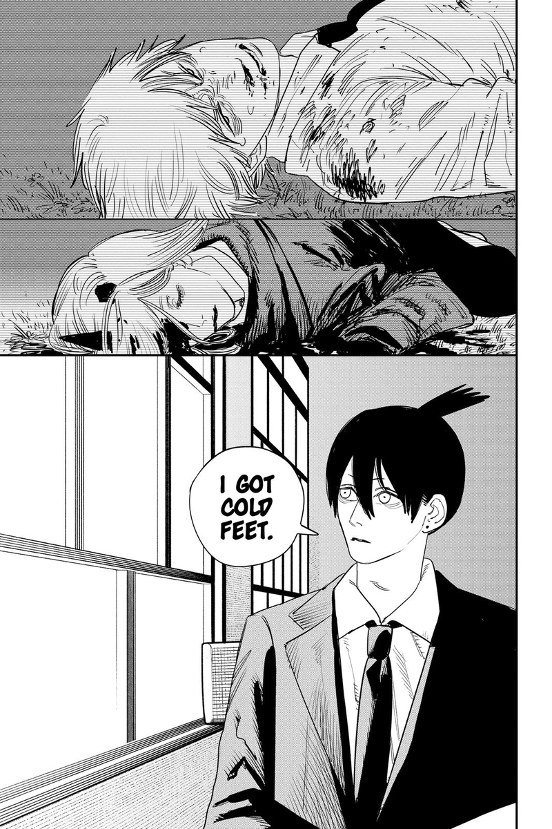 plutoxcsm's tweet photo. as a follow up, i never noticed this before but after he says this, we get this badass spiel about how he doesnt care as long as he kills gun devil. but that panel at the bottom of power and denji follows right after, almost feels like foreshadowing on what ultimately changes him https://t.co/ZwNQnfJZc7