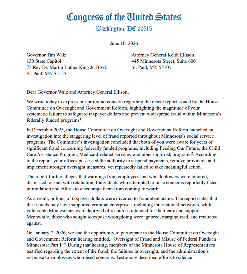AlphaNews's tweet photo. JUST IN: Rep. Brad Finstad leads the GOP delegation in calling on Gov. Tim Walz and Attorney General Keith Ellison to resign following this week's House Oversight Committee report on Minnesota fraud. 

"We believe the confidence necessary to effectively govern has been irreparably damaged. We therefore urge you to resign from office immediately," they write.