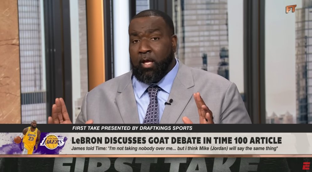 PurpGoldLakers's tweet photo. "See, when we get to this point, and this is the problem that I have with Bron, is that instead of letting other people glorify you or give you your flowers or a guy like me come on television that been through the trenches with you since childhood, let me come on and tell the world why you're the GOAT. 

You sit back and just accept the flowers. We don't never hear Jordan say it."

Kendrick Perkins on why LeBron shouldn't be calling himself the GOAT (per First Take)