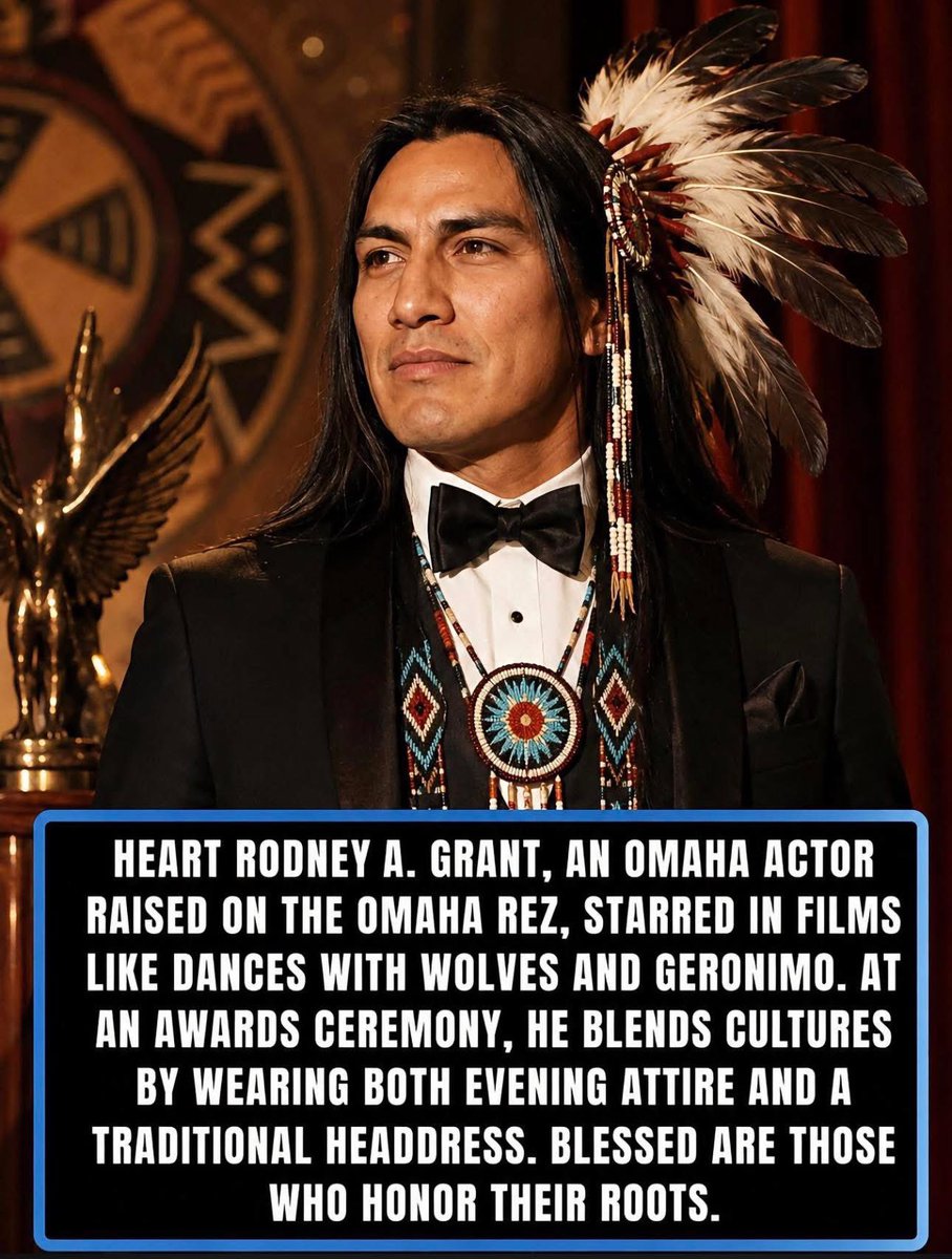 native_am_pride's tweet photo. Rodney A. Grant, raised on the Omaha Reservation, has become a respected voice for Native representation in film. Known for his powerful performances in Dances with Wolves and Geronimo: An American Legend, he helped bring Indigenous stories and characters to audiences around the world. Through his roles, he carried the strength and spirit of Native cultures onto the big screen. 🎬🪶

During a memorable awards ceremony appearance, Grant made a striking cultural statement by wearing formal evening attire together with a traditional Native headdress. The moment blended the world of Hollywood glamour with deep respect for Indigenous heritage. By proudly honoring his roots in such a visible setting, he reminded audiences that cultural identity remains a source of strength and pride. 🌟🪶

Grant’s journey reflects the resilience and dignity of Native communities. His career shows how honoring heritage can walk side by side with success in modern spaces. By staying true to his culture while continuing to tell meaningful stories, Rodney A. Grant represents the power of identity, tradition, and pride carried forward for future generations. 🌄✨