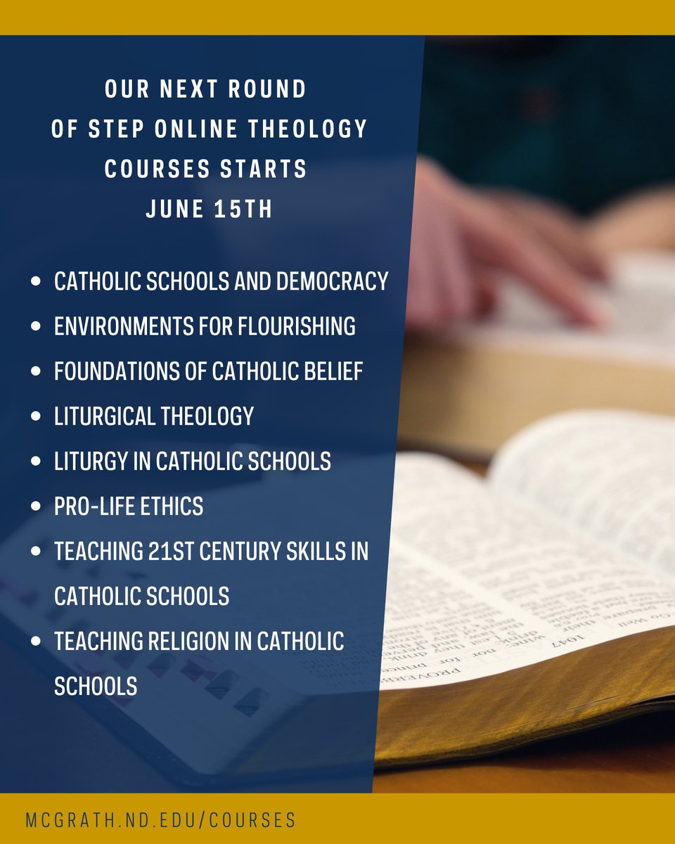 McGrathND's tweet photo. Join the McGrath Institute for Church Life for our upcoming STEP courses, including Liturgy in Catholic Schools!

Catholic Schools have unique needs and opportunities for liturgical formation. They can shape their school culture to support the values of worship and liturgy. While serving diverse students, including non-Catholics, they are able to shape their liturgical ethos with other activities in the community and to help students see the celebration of the Eucharist as a high point in school life, which brings communal priorities into sharper focus. This course will encourage educators to name their hopes for the students who worship with them and to imagine a Eucharistic school culture. It will also provide practical tips and guidance for preparing Catholic school liturgies.

Courses begin Monday, June 15.

Learn more and register for this and other STEP courses at the link below.