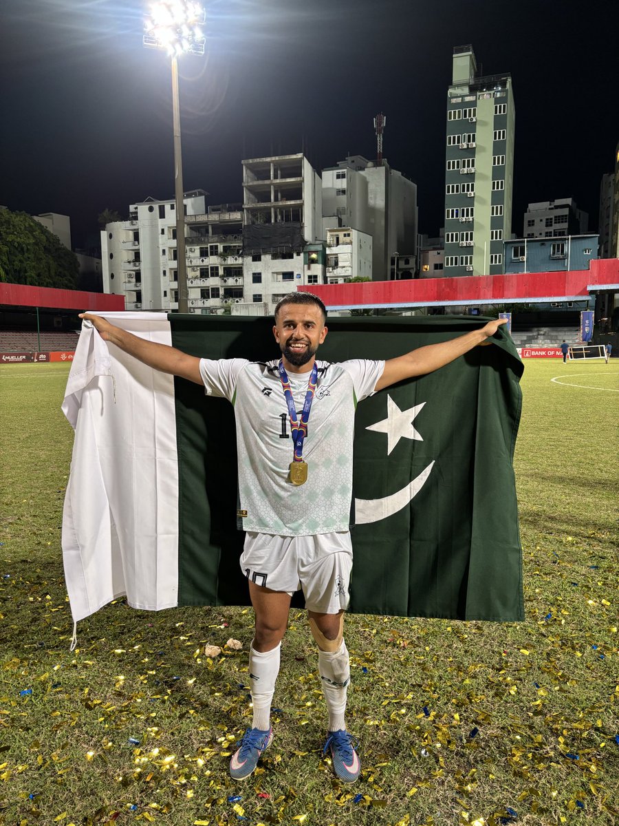 NabiAdil's tweet photo. One of the best moments in my footballing career, if not the best!!! Sharing this moment with my brother Rahis is Something that I’ll remember forever!!! Winning a trophy on the international stage representing my country I will cherish for life!!!! 🇵🇰🏆⚽️ 
PAKISTAN STAND UP… 🇵🇰 https://t.co/e4Uh4ARlqz
