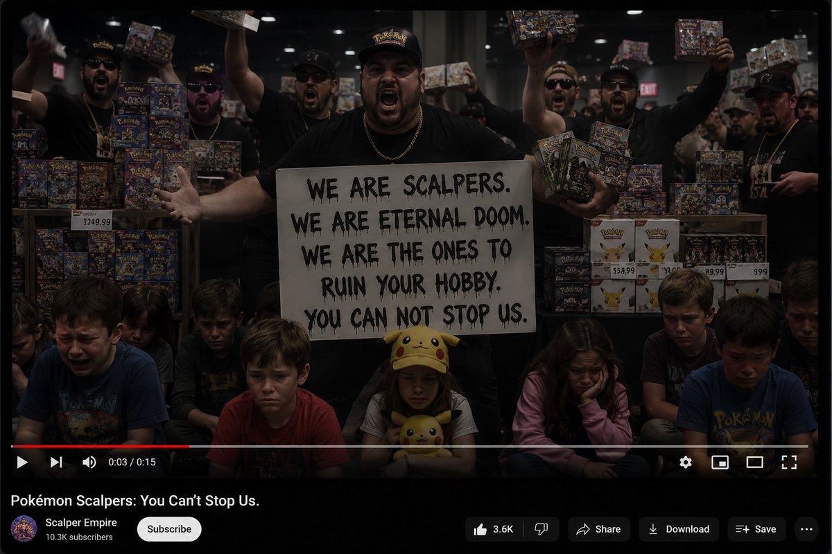 BazingaSheldon9's tweet photo. @PokeTCGiveaways POKÉMON FANS, LISTEN TO US. 

YOU CANNOT TAKE WHAT IS OURS. YOU WILL NOT STEP IN OUR POKÉMON CENTER DOMAIN. WE ARE THE SCALPING EMPIRE, DESTINED TO BLAST THIS CARD MARKET TO THE MOON. WE WILL HURT YOUR CHILDREN, WE WILL HUNT ANYONE DOWN THAT RUINS OUR PROFITS.

GLORY TO POKEMON! https://t.co/NTXAfbrYZR