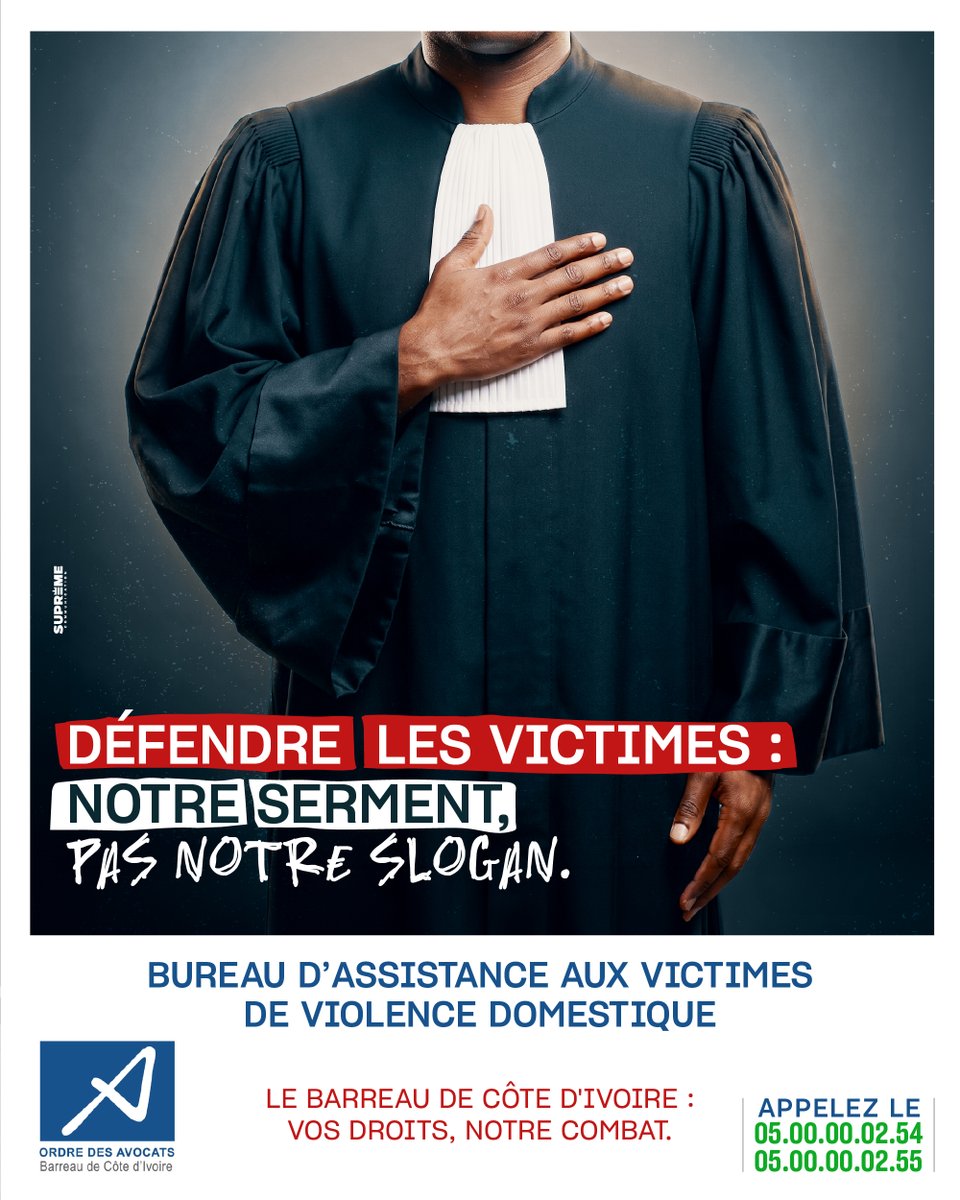 BarreaudeCI's tweet photo. Défendre les victimes. Pas un slogan. Un serment.

Le Barreau de CI ouvre un bureau d'assistance juridique gratuit pour les femmes victimes de violence domestique. C'est notre profession tout entière qui s'engage.

📞 05 00 00 02 54
#NotreSerment https://t.co/6ULSGcQ4HS