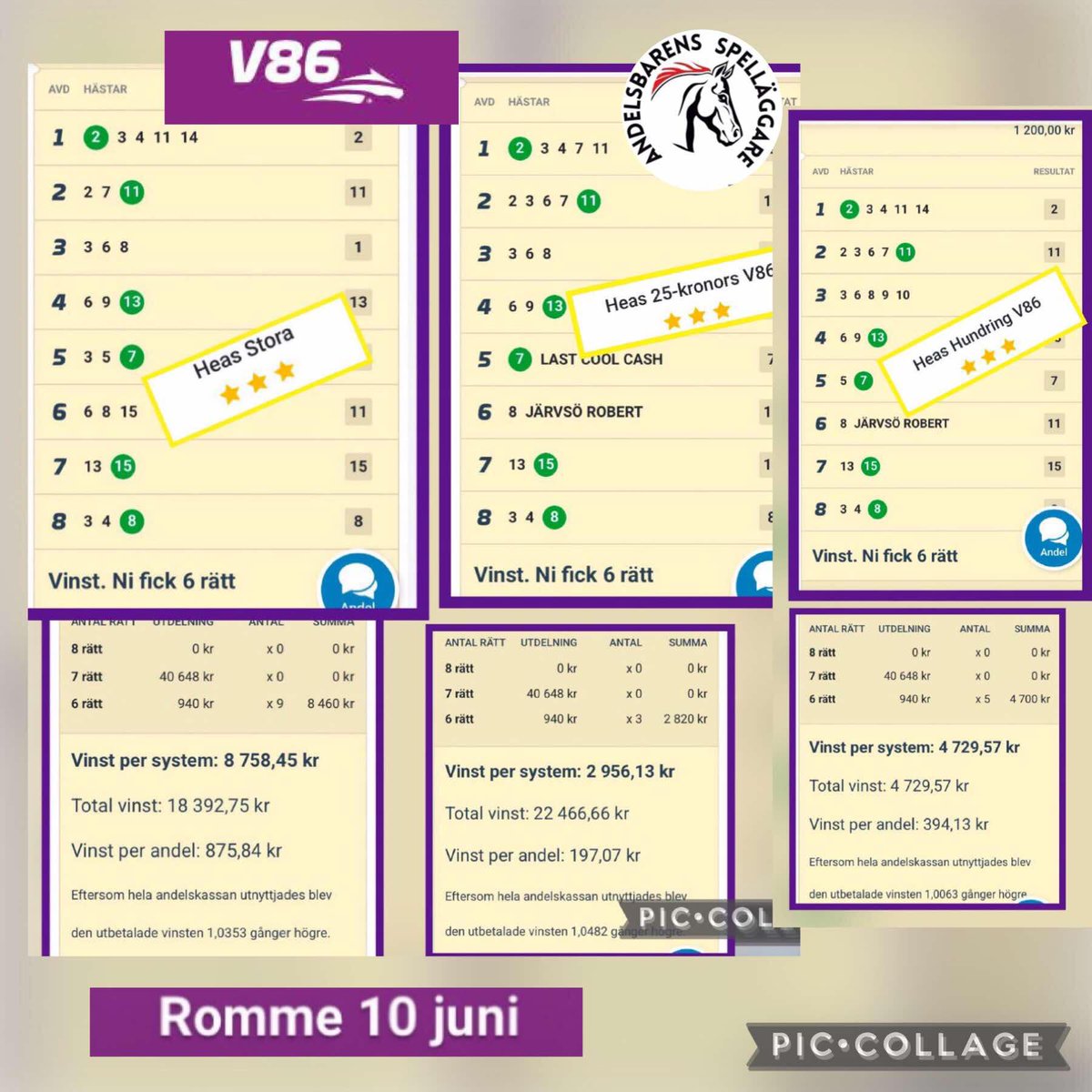 berg_hea's tweet photo. 6 rätt på V86 Romme 10 juni gav bra utdelning för mina 3 bolag Heas Stora, Heas Hundring V86 och Heas 25-kronors V86.
#atg #trav #andelsspel #heasandelar #andelsbaren   #atgvinnare #spelav86 #dagenstrav #spelhörnanisurahammar  #travidag #sommartravet #atgbutik  #dalatravet https://t.co/7XHtRJc630